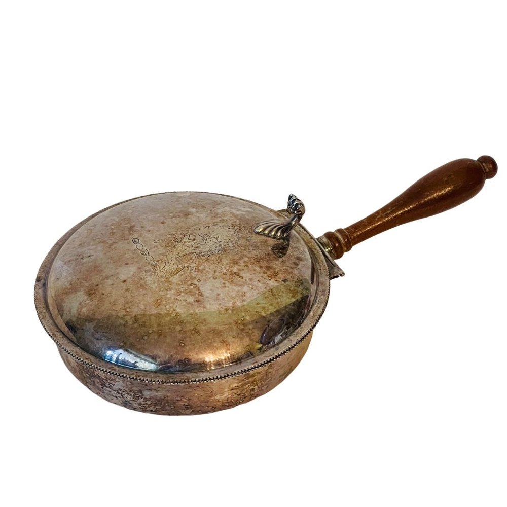 Vintage Silver Plate Silent Butler Pan with Engraved Lion Crest 10.25" x 2"
